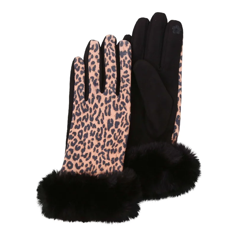 Leopard Print Fur-Trimmed Texting Gloves